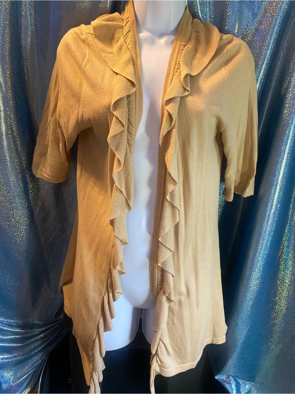 One A Camel beige Ruffle-Front Short Sleeve Cardigan